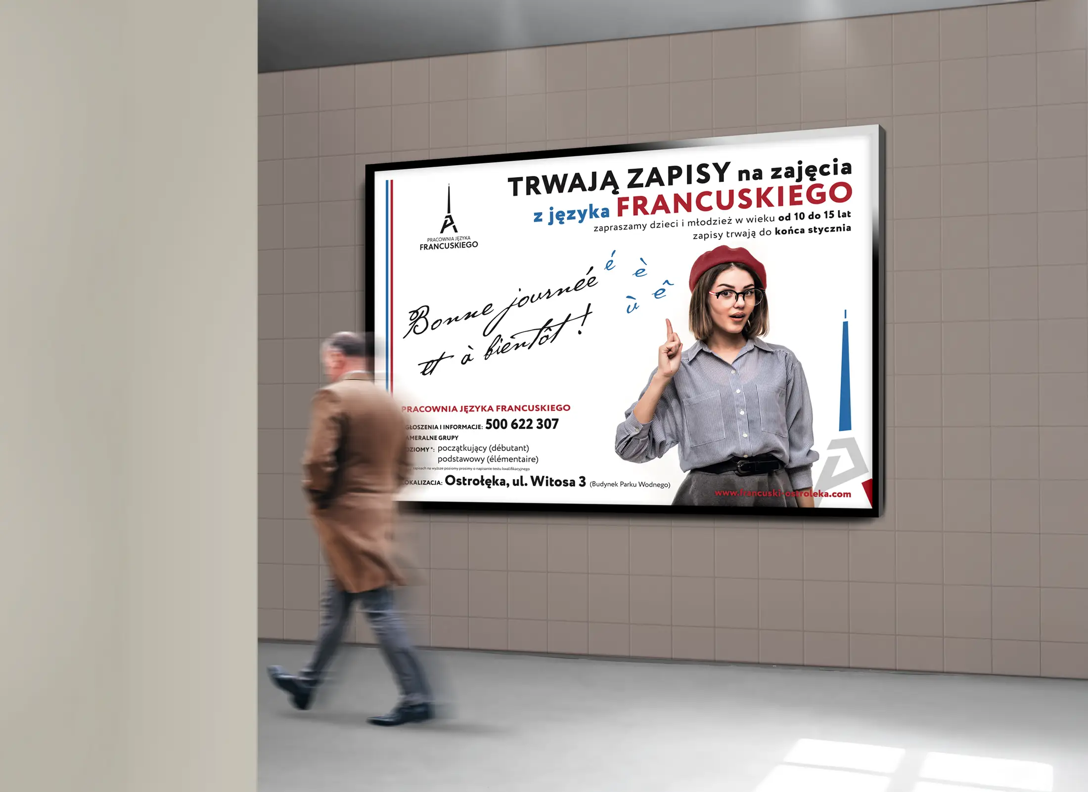 Projekt plakatu z nowym logo dla Pracowni Języka Francuskiego z Ostrołęki
